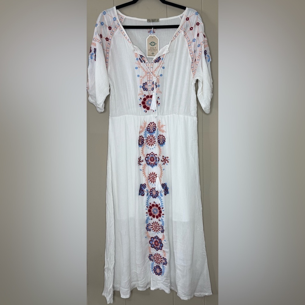 White Embroidered Boho Midi Dress with Pink & Blue Floral Accents